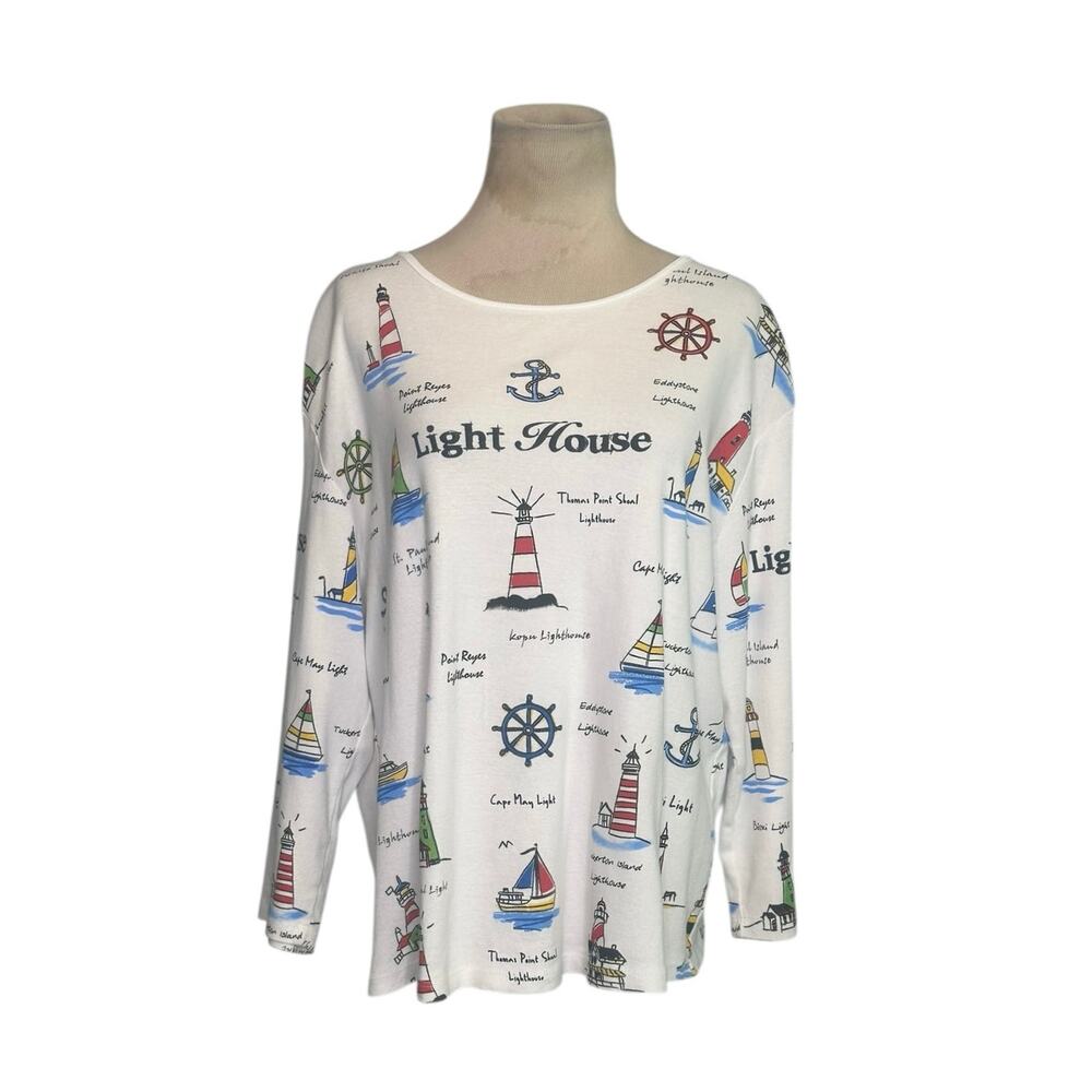 Jess & Jane Lighthouse Nautical Print 3/4 Sleeve T shirt Size XL